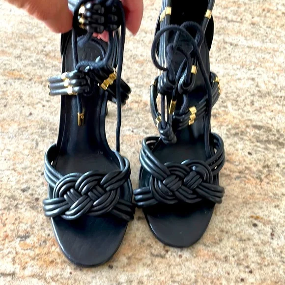 Tory Burch 4 inch Black strappy sexy high heels with gold accents ! Worn once. - Picture 2 of 9